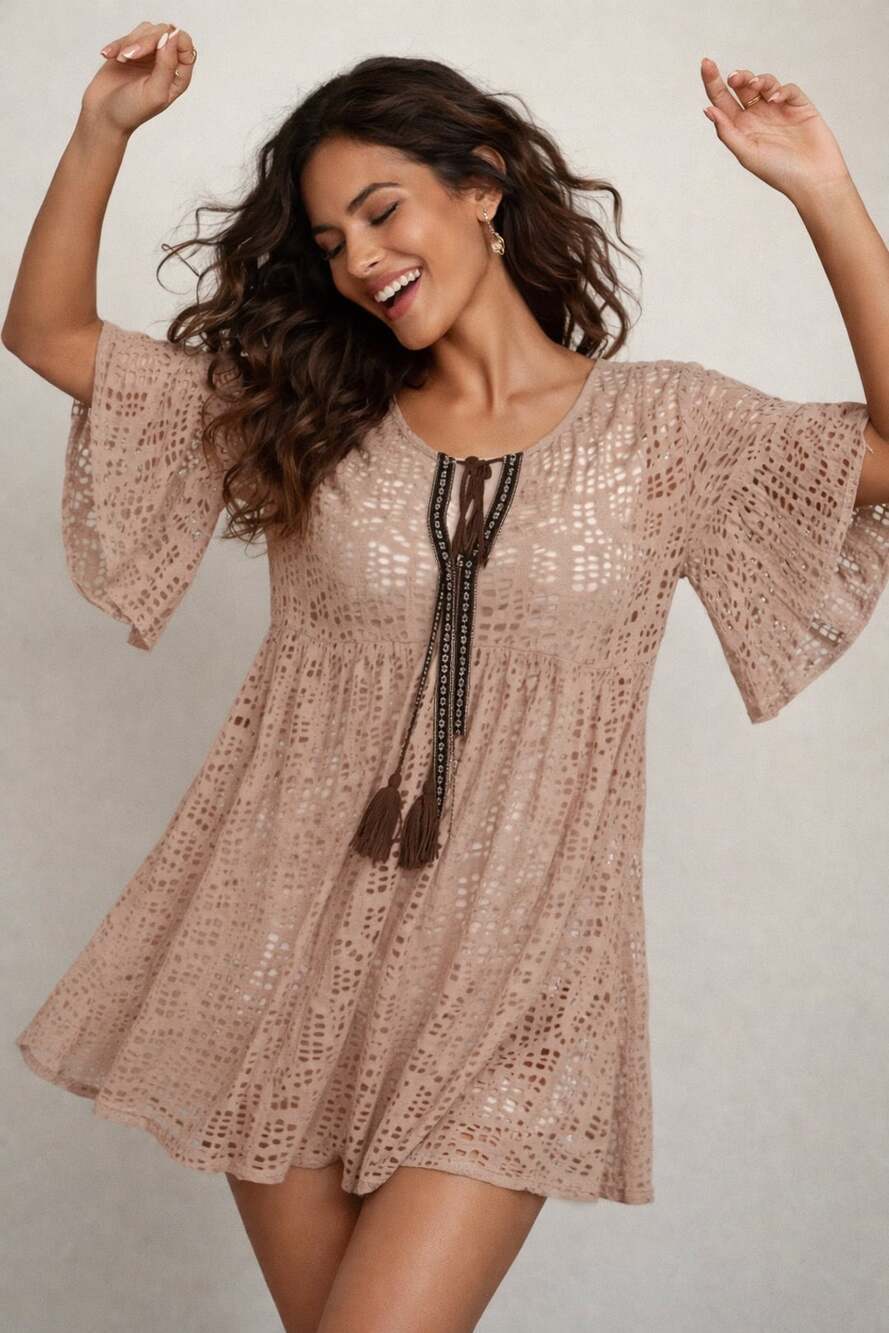 Easel Boho Crochet Bell Sleeve Tunic Dress with Tassel Detail Small Rose Brown